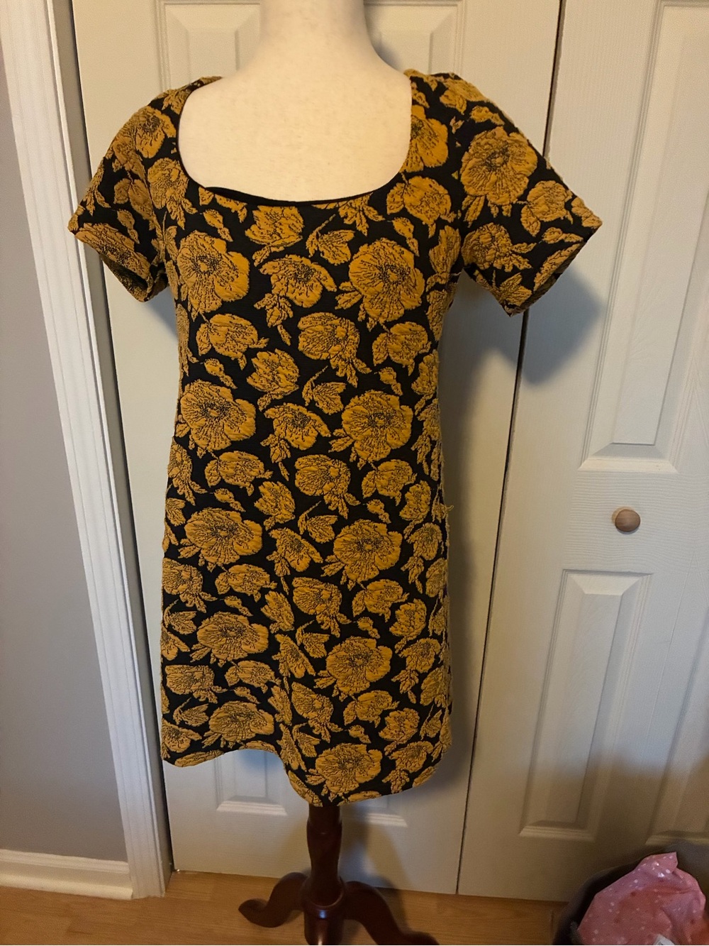Anthropologie Black Dress with Mustard Floral Print